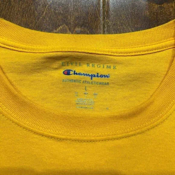 Civil Regime x Champion Embroidered Mustard Yellow T-Shirt Men's Size Large - Picture 6 of 8